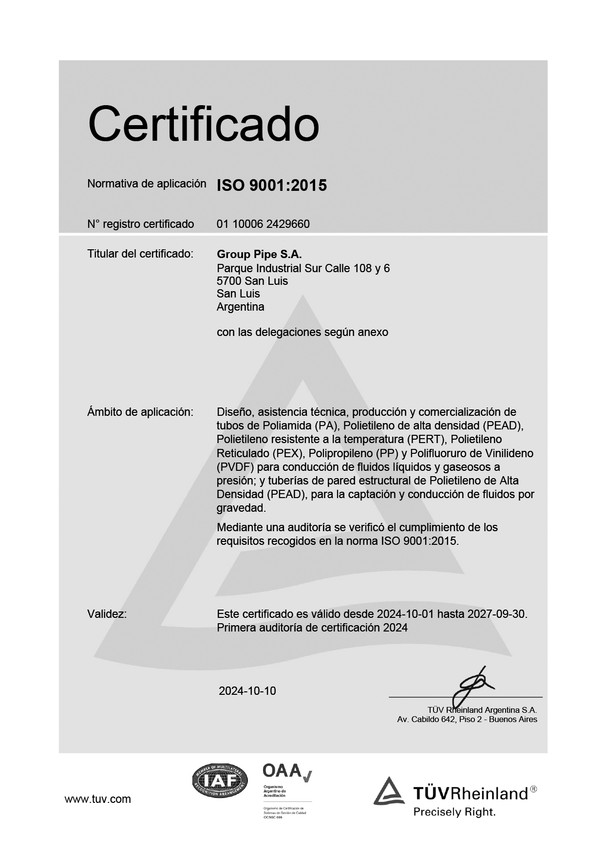 Certificado ISO 9001 — Página 1