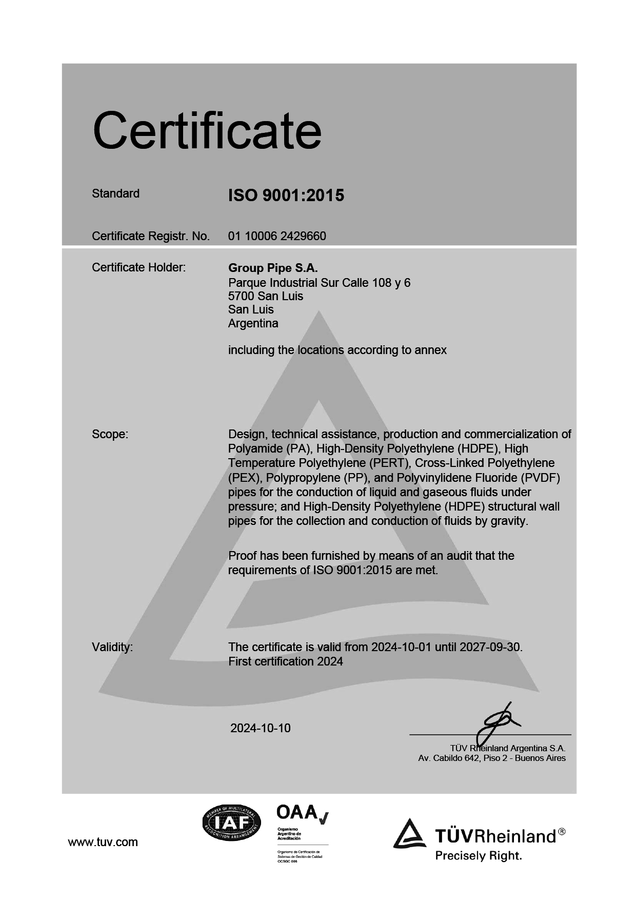 Certificado — Anexo adicional